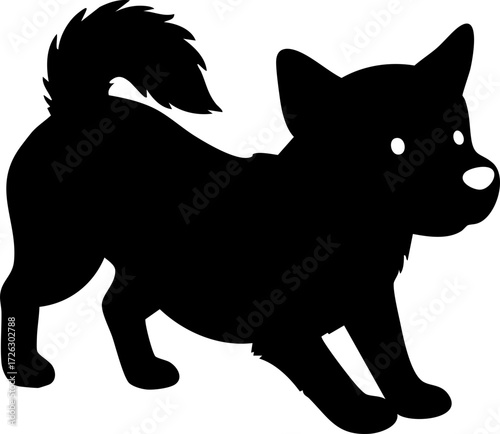 A silhouette of a playful dog with a curled tail, white eyes and nose, bending low, isolated on a white background, creating a cheerful mood.
