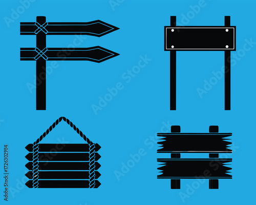 Vector Illustration of Black Wooden Signboards with Rope on a Blue Background