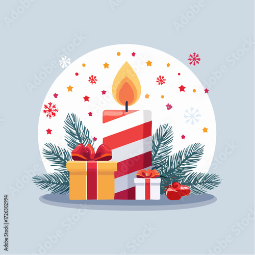 A vibrant Christmas candle and pine boughs surrounded by colorful gifts. A perfect illustration for holiday greetings and festive warmth.