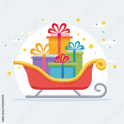 
A vibrant red sleigh is overloaded with a massive stack of colorful Christmas gifts, ready for delivery on a magical, starry holiday night!