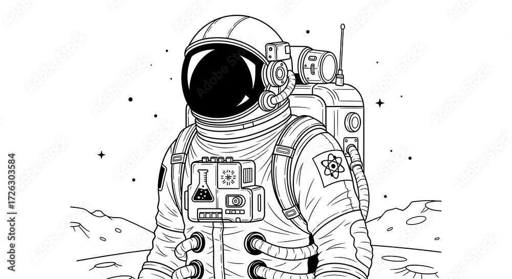 Obraz premium Intricate black and white line art of an astronaut explorer on a desolate planet, a detailed vector illustration for coloring or science fiction themes