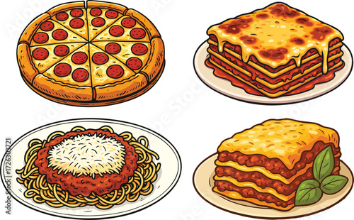 Vector of Italian cuisine featuring pizza, spaghetti, and lasagna, iconic delicious classic dishes