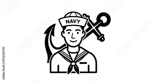 Classic black and white line art illustration of a young mariner in a traditional sailor uniform, with a large anchor symbol representing the sea