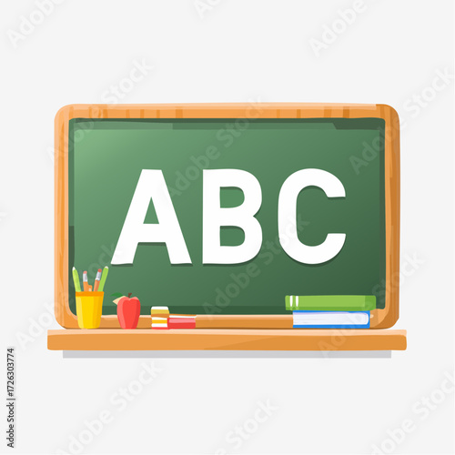 A traditional green chalkboard with a wooden frame displays the letters ABC, ready for teaching and learning in a classroom setting.