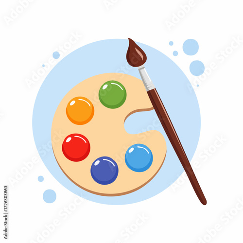 
A colorful paint palette with primary colors and a red paintbrush, symbolizing creativity, art, painting, design, and artistic expression.
