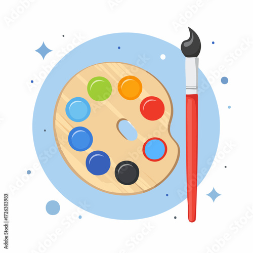 
A colorful paint palette with primary colors and a red paintbrush, symbolizing creativity, art, painting, design, and artistic expression.