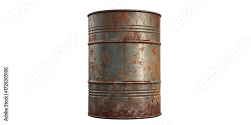 Rusty Industrial Metal Barrel with Corrosion and Red Stains Isolated on Black
Weathered Rusty Oil Drum with Scratches, Dents, and Oxidation on Dark Background