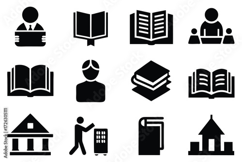 Vector art of a set of black and white vector icons depicting various aspects of education, including books, students, teachers, and academic buildings