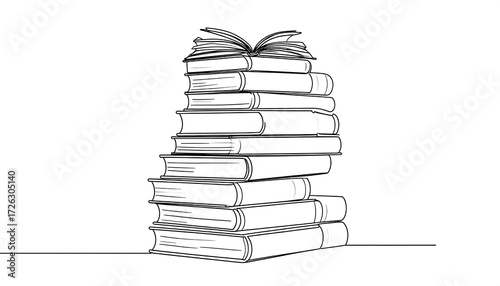 Stack of books, open book on top, line art