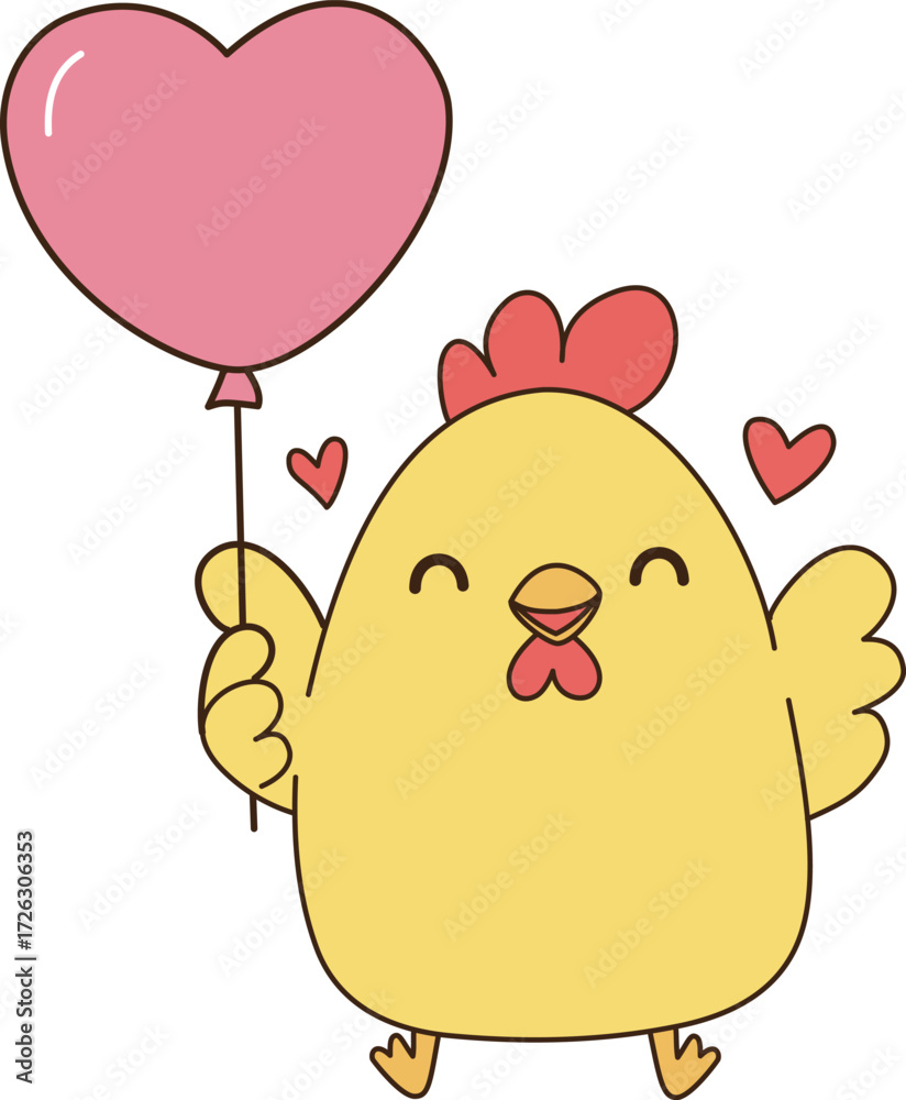 Obraz premium Cute chicken holding pink heart balloon, expressing joy and love 