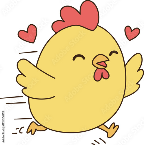 Cute chicken running joyfully with hearts around, expressing happiness and playfulness