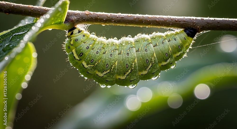 Naklejka premium A green caterpillar hangs from a branch covered in dew