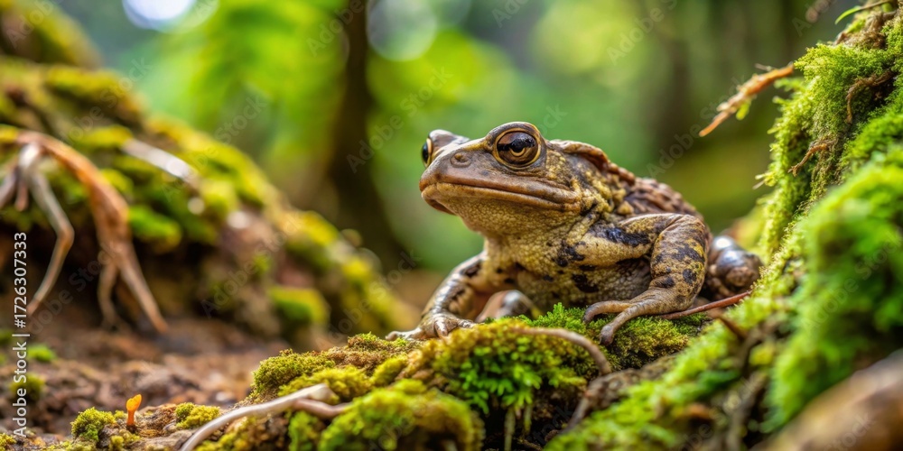 Fototapeta premium A Close-Up View of a Toad Perched on a Mossy Log in a Lush Forest