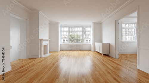 Wallpaper Mural living. Minimalist living space with wooden floors and white walls, bathed in soft natural light for a tranquil ambiance. lifestyle magazines. Torontodigital.ca