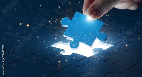 Plakat Hand placing glowing puzzle piece into missing spot, futuristic concept of solution, innovation, teamwork, and digital problem solving