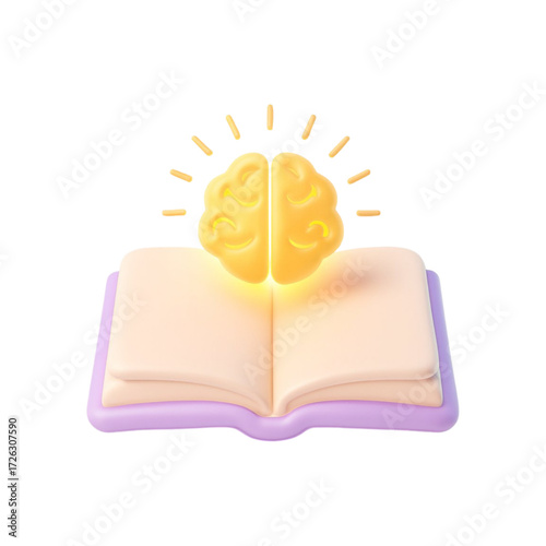 3d illustration of a glowing brain emerging from an open book isolated on transparent background