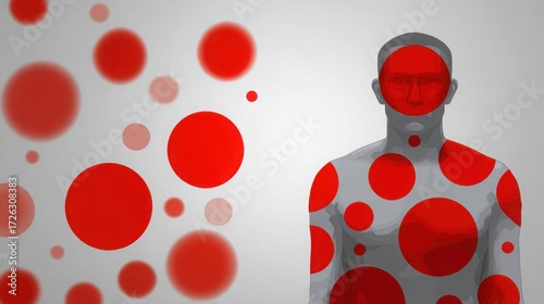 blood. Abstract red dots on a human silhouette, representing a minimalist medical concept. STEM education sheets, lab safety posters, designed for biotech research communications.
