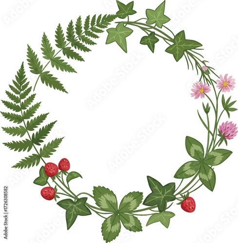 Floral wreath of ferns berries and wildflowers on transparent background
