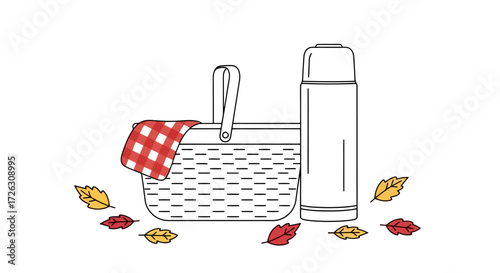 Minimalist Picnic Illustration Featuring a Basket, Thermos, and Autumn Leaves, Ideal for Blog Posts, Invitations, or Seasonal Marketing Materials.
