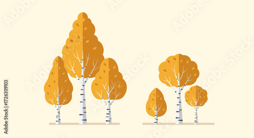 Autumnal Birch Tree Illustration Set for Seasonal Graphics and Educational Resources. Suitable for nature guides, ecological studies, and children's educational materials.