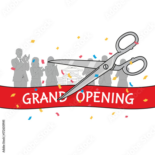 Grand opening ceremony illustration with ribbon cutting and applauding people in silhouette, confetti, and building