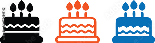 A colorful birthday cake icon with candles and sprinkles, in a vector style, isolated on transparent background. 
