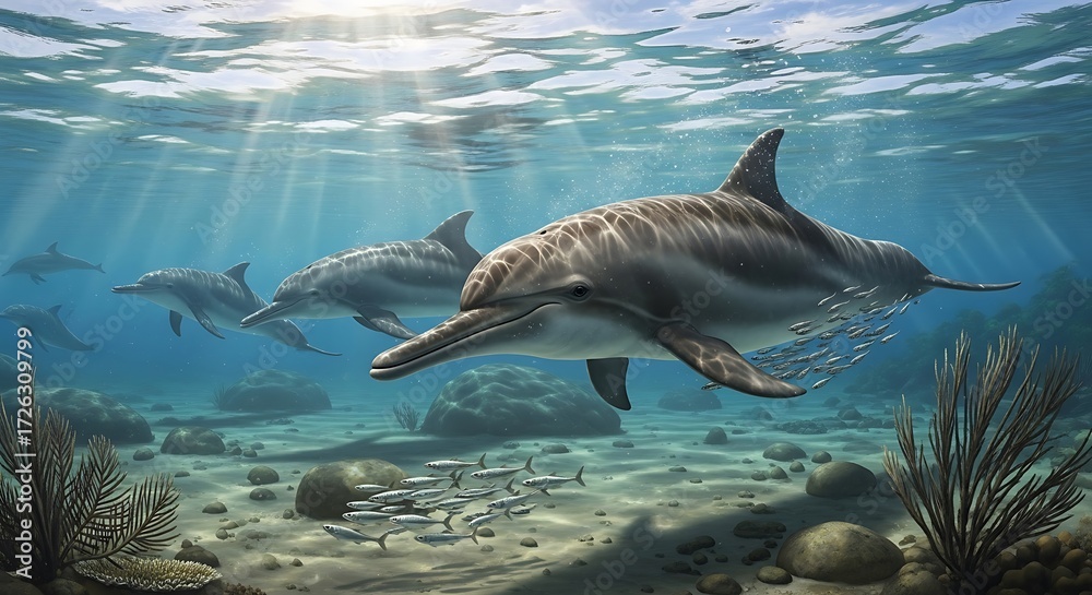 Fototapeta premium Underwater scene with dolphins swimming near a school of fish and coral