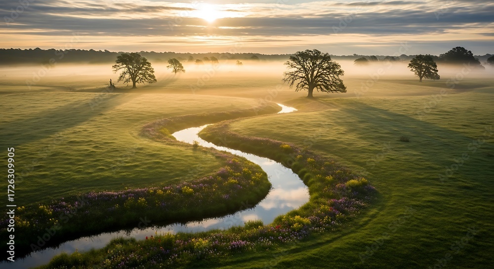 Fototapeta premium Winding stream and trees in misty sunrise light