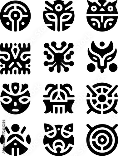 Set of Ancient Tribal Symbols, Ethnic Mystical Masks and Sacred Glyphs Vector Icons