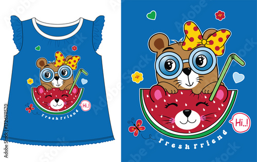 fresh friend, cat with fruit vector animal illustration graphic design on girls t shirt