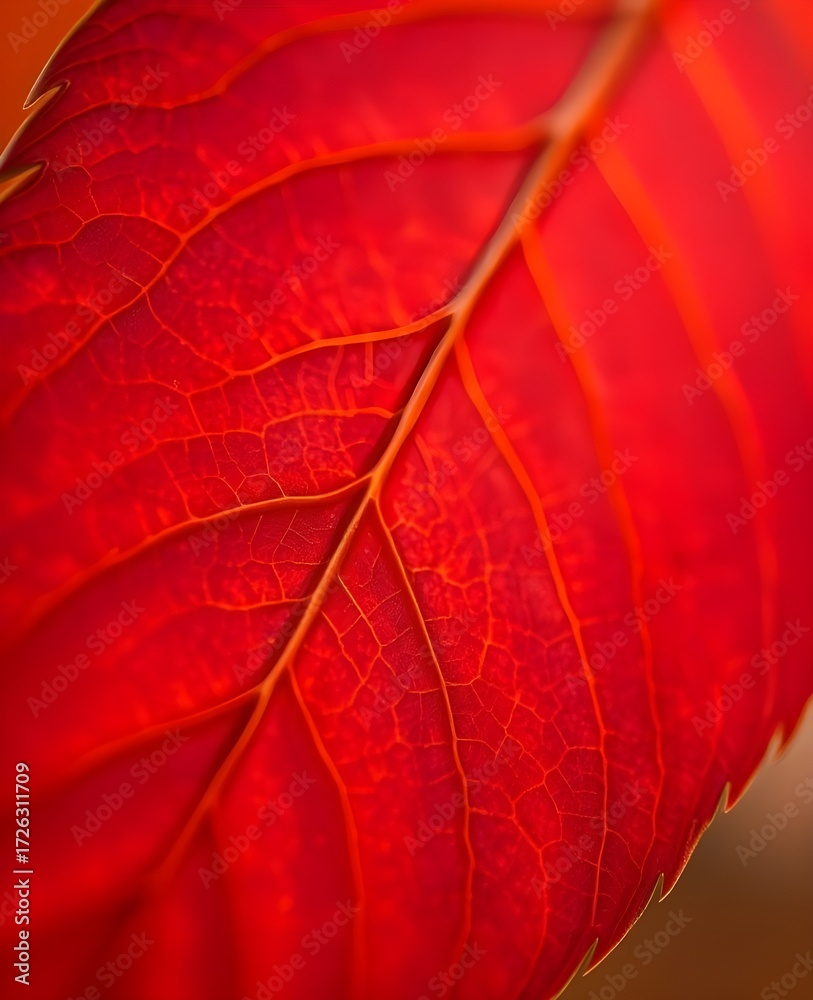 Fototapeta premium Close-up macro of red leaf vein structure with natural abstract pattern texture
