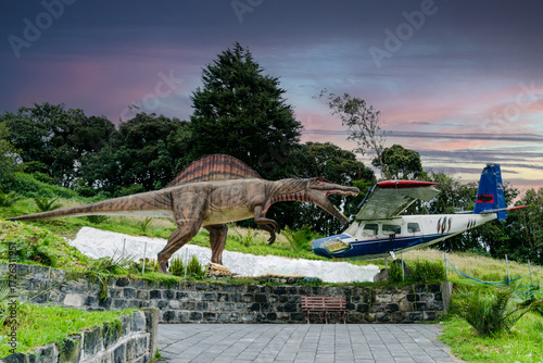Tyrannosaurus Rex dinosaur next to an airplane