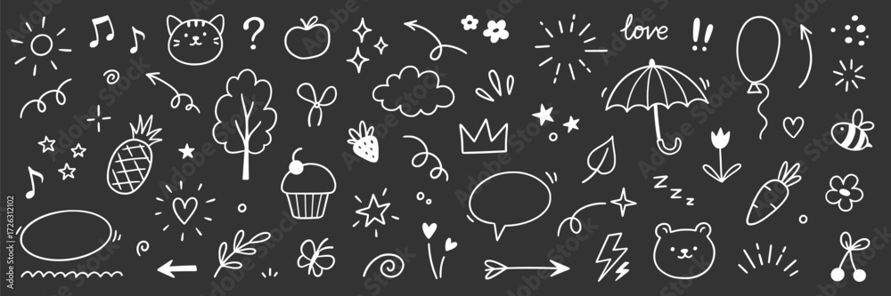 custom made wallpaper toronto digitalLine cute element set. Hand drawn scribble heart, arrow, flower and cloud elements on chalkboard background. Doodle sketch heart, star, cloud cartoon sticker shapes. Vector illustration