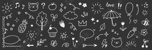 Wallpaper Mural Line cute element set. Hand drawn scribble heart, arrow, flower and cloud elements on chalkboard background. Doodle sketch heart, star, cloud cartoon sticker shapes. Vector illustration Torontodigital.ca