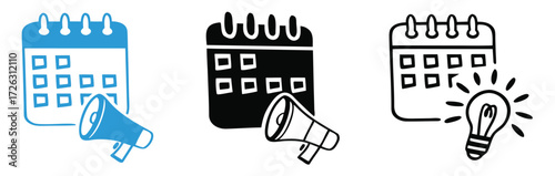 Premium linear icon of public event announcement .Announce your next big idea with and a glowing lightbulb next to a calendar marking important dates for strategic planning campaign launch success