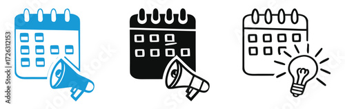 Premium linear icon of public event announcement .Announce your next big idea with and a glowing lightbulb next to a calendar marking important dates for strategic planning campaign launch success