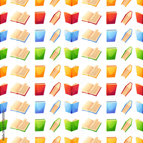 A cozy seamless pattern with books. Colorful textbooks in various positions, open and closed. Can be used on wrapping paper, fabric, or as a background for designs.