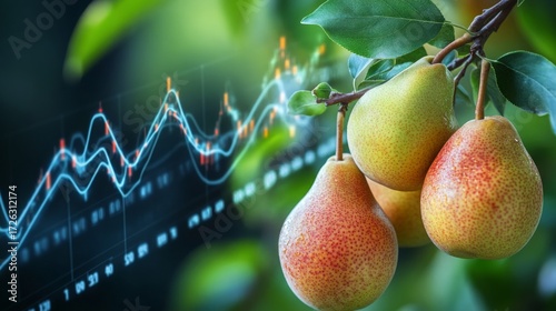 Data analysis coinciding with the ripening of pears on a tree symbolizing growth and insight during late summer