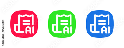 This set includes a red, green, and blue icon with a notepad and AI text, perfect for use in applications that create reports, summaries, and written content automatically.