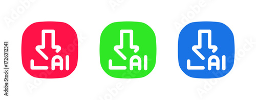 This set includes a red, green, and blue icon with a downward arrow and AI text, ideal for applications that handle data retrieval, file downloads, and information access from a network.