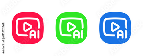 This set includes a red, green, and blue icon with a play button and AI text, suitable for apps that use AI to manage, analyze, and enhance video and audio content.