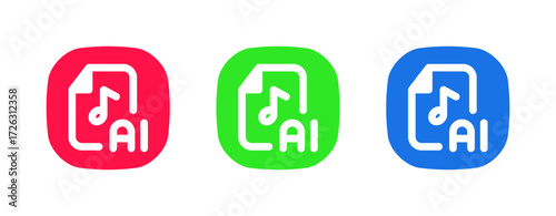 This set includes a red, green, and blue icon with a music note and AI text, perfect for applications that use AI to create, analyze, or recommend music and audio content.