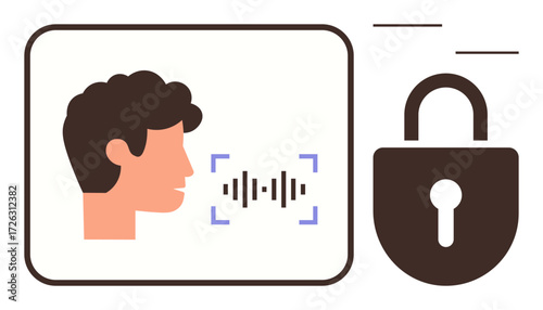 Profile view of a person with sound waves representing voice recognition, paired with a lock symbol implying secured access. Ideal for cybersecurity, identity verification, privacy, user data