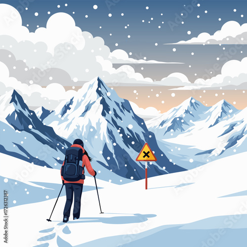 Lone Hiker Trekking Through Snowy Mountains Near Caution Sign in Winter Landscape