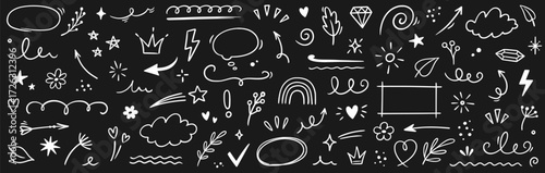 Element line cute sketch icon set. Hand drawn line cute nature decoration element arrow, heart, leaf and sun. Nature leaf, cloud, sketch ornament on chalkboard background. Vector illustration