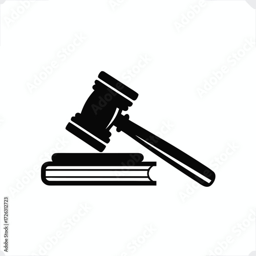 Vector art of gavel resting on a book, representing law, order, and legal proceedings in a simple black and white illustration for justice and authority