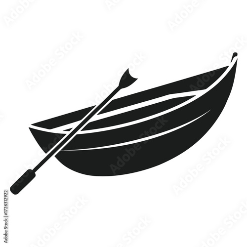 Vector art of a classic rowboat with an oar resting inside, , evoking a sense of peaceful water journeys and leisurely exploration of lakes and rivers