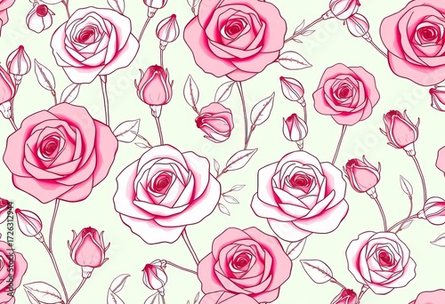 Elegant hand-drawn rose blossoms and buds in a seamless line art pattern, perfect for wedding stationery,  romantic,  buds