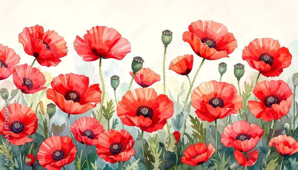 Fototapeta premium Watercolor poppy field (1)
