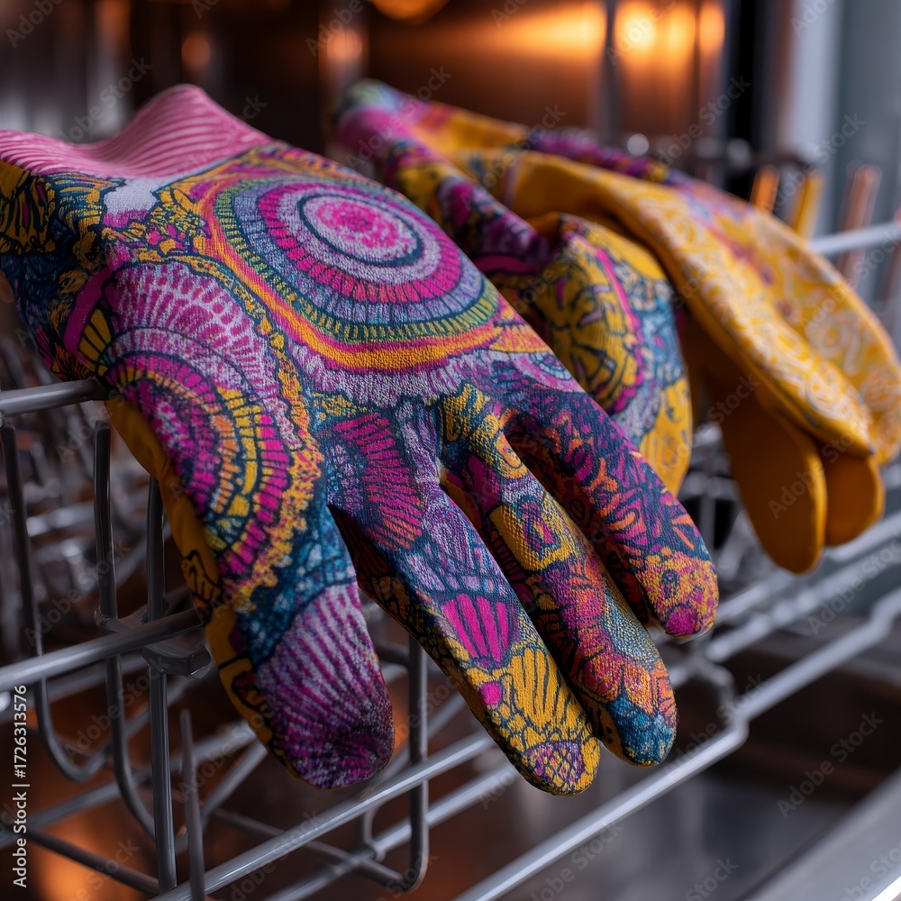 Obraz premium colorful patterned rubber gloves for the dishwasher